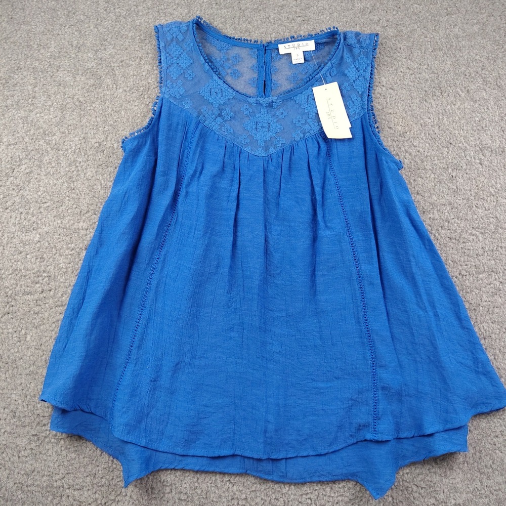 Studio JPR Tank Top Sz Small Lace Yoke Pom Pom Trim Blue Fairy Whimsical NWT